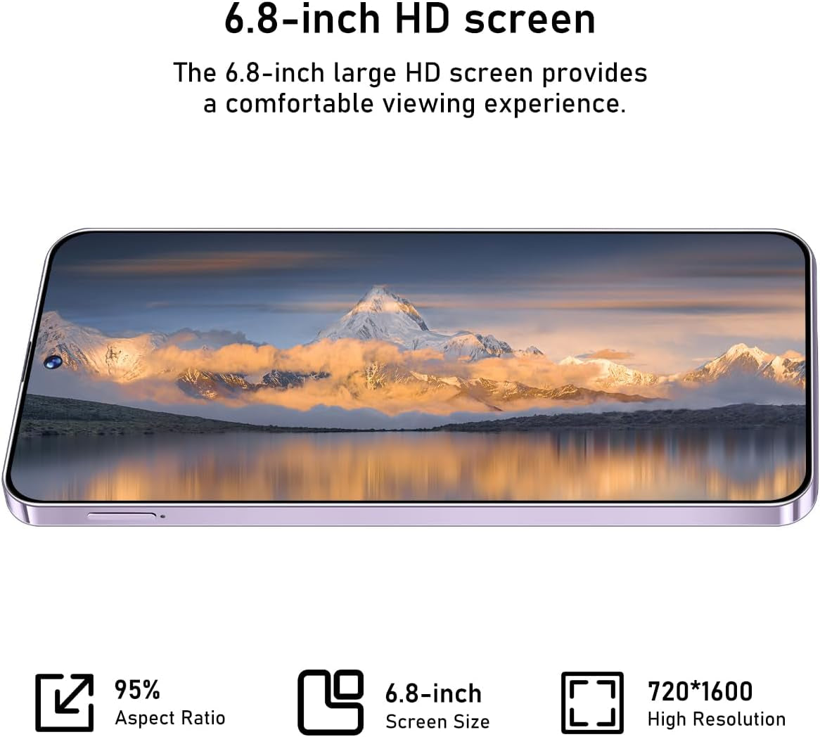 K70 5G Unlocked Cell Phones 2026 Android 13 Unlocked Phones 6.8" HD Screen 8GB+256GB 8-Core Android Phones 6800Mah Battery Standby 24MP+50MP Camera 5G Dual SIM Unlocked Smartphones(Purple)