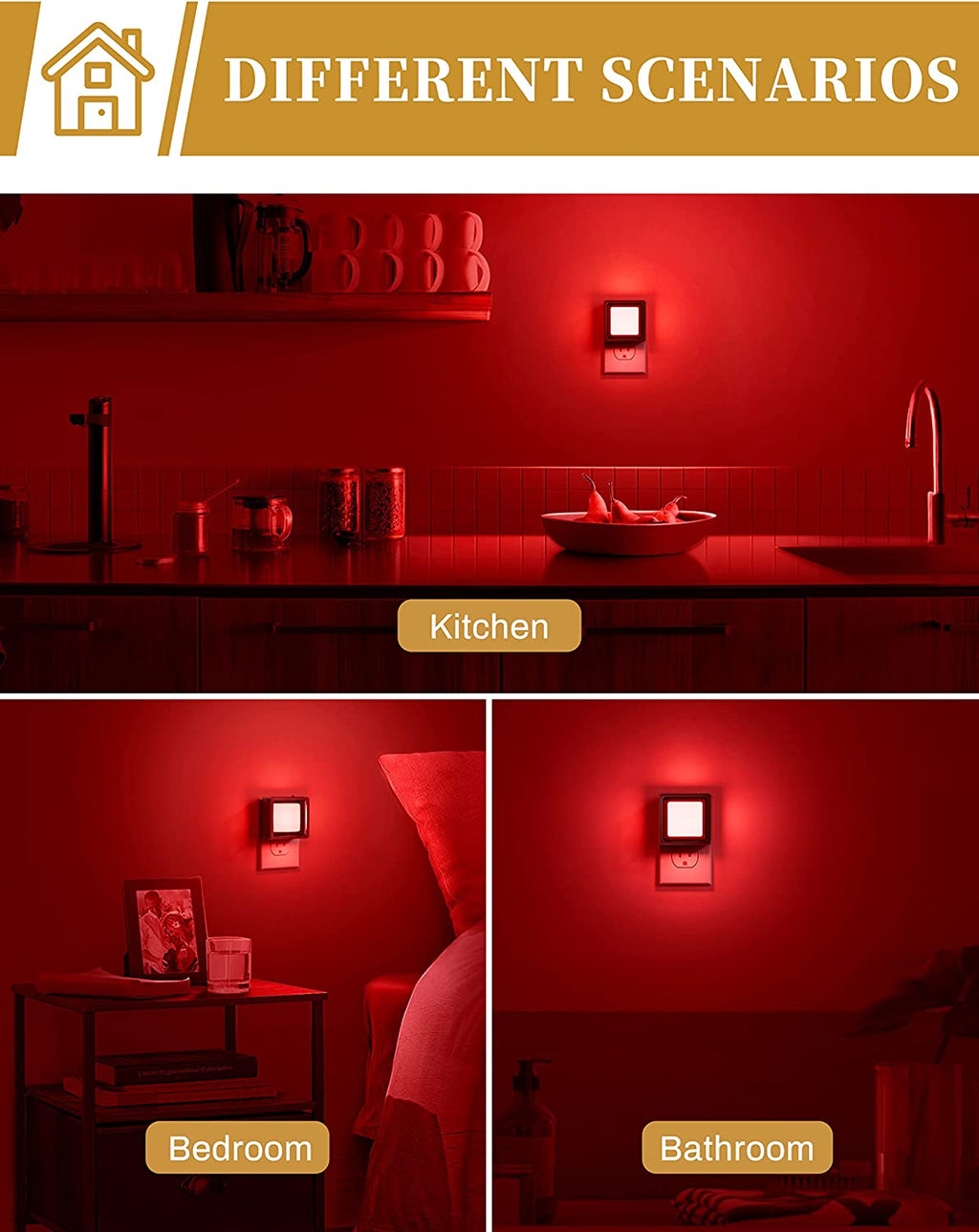 Red Night Light [2 Pack],Night Lights Plug into Wall,Light Sensor | Night Light with Dusk to Dawn Sensor,Led Nightlight Adjustable Brightness,For Bedroom Bathroom Hallway Stairs Christmas Party