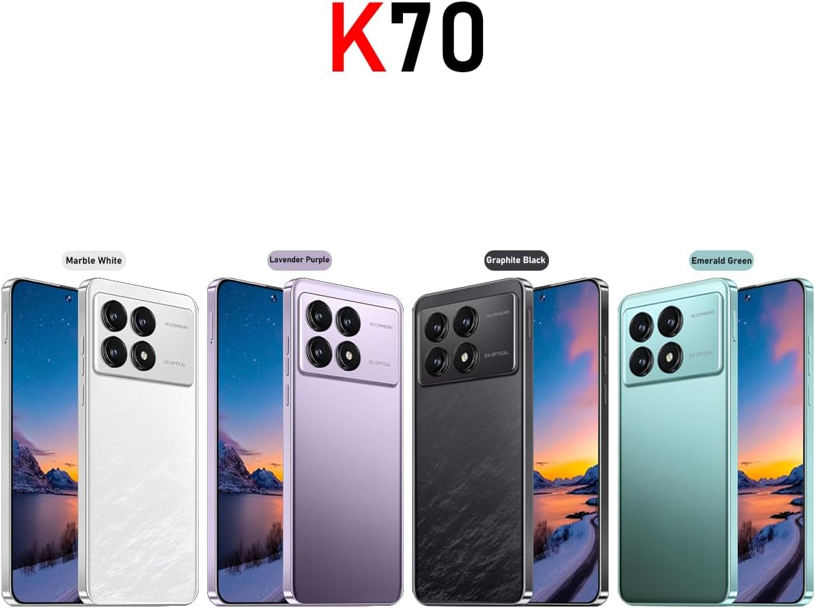 K70 5G Unlocked Cell Phones 2026 Android 13 Unlocked Phones 6.8" HD Screen 8GB+256GB 8-Core Android Phones 6800Mah Battery Standby 24MP+50MP Camera 5G Dual SIM Unlocked Smartphones(Purple)