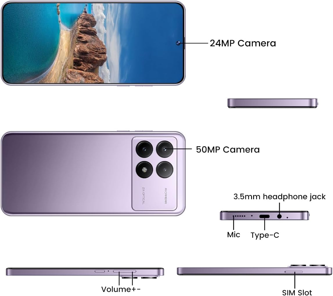 K70 5G Unlocked Cell Phones 2026 Android 13 Unlocked Phones 6.8" HD Screen 8GB+256GB 8-Core Android Phones 6800Mah Battery Standby 24MP+50MP Camera 5G Dual SIM Unlocked Smartphones(Purple)