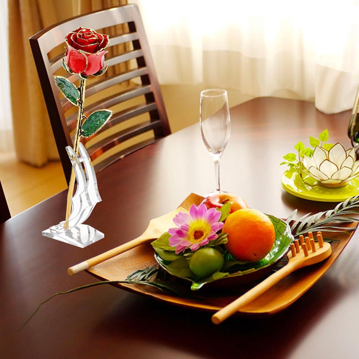Valentines Day Gift Rose, Gold Dipped Real Rose Is Attractive Luster and Natural Shape, Best Gifts for Anniversary Wedding Valentines Day (Red Original Rose with Stand)