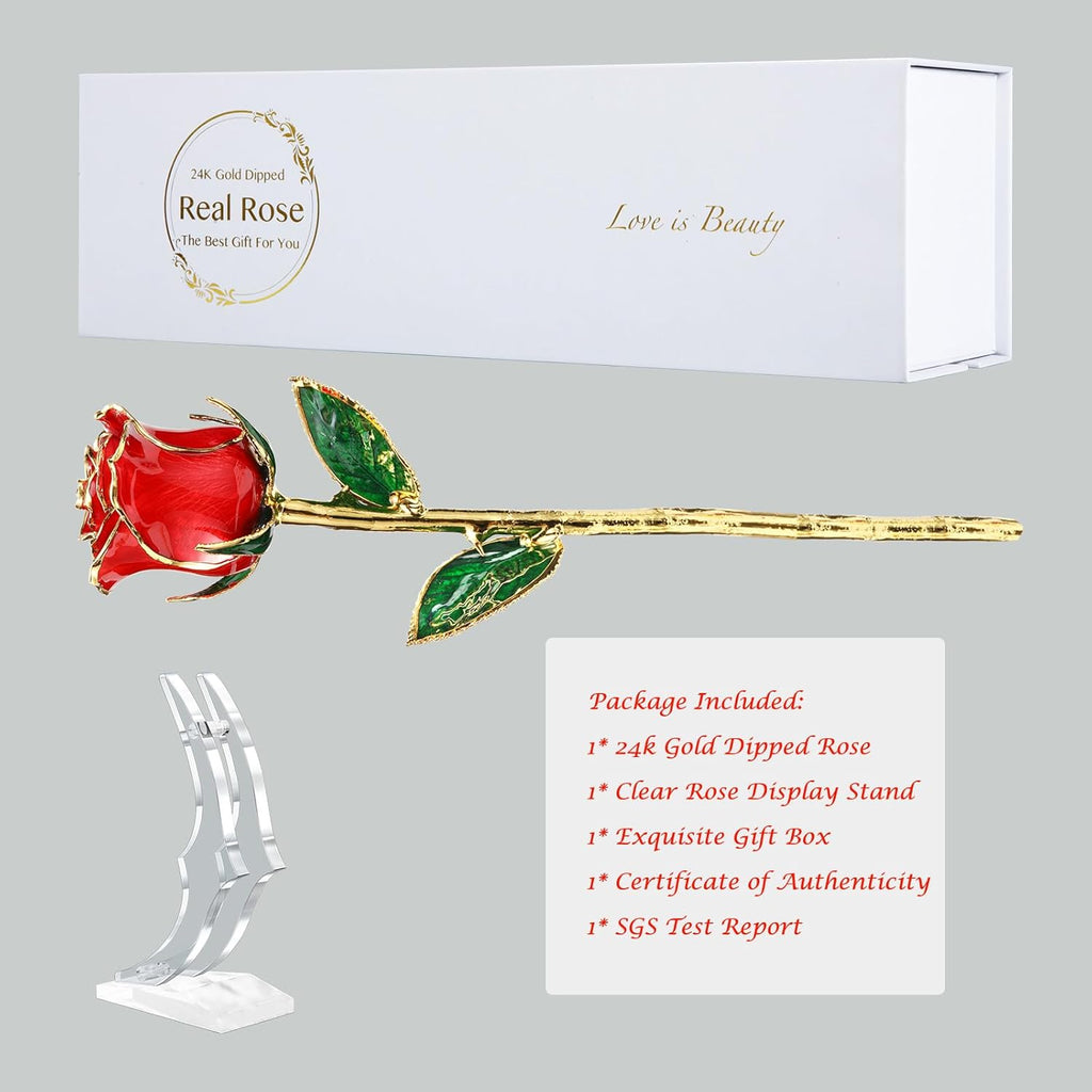 Valentines Day Gift Rose, Gold Dipped Real Rose Is Attractive Luster and Natural Shape, Best Gifts for Anniversary Wedding Valentines Day (Red Original Rose with Stand)