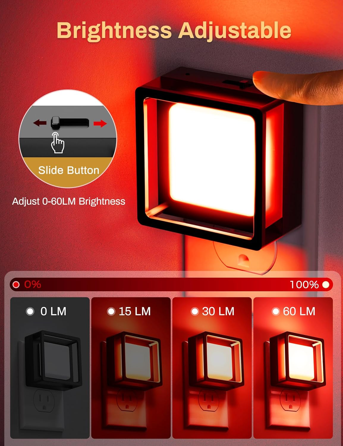 Red Night Light [2 Pack],Night Lights Plug into Wall,Light Sensor | Night Light with Dusk to Dawn Sensor,Led Nightlight Adjustable Brightness,For Bedroom Bathroom Hallway Stairs Christmas Party