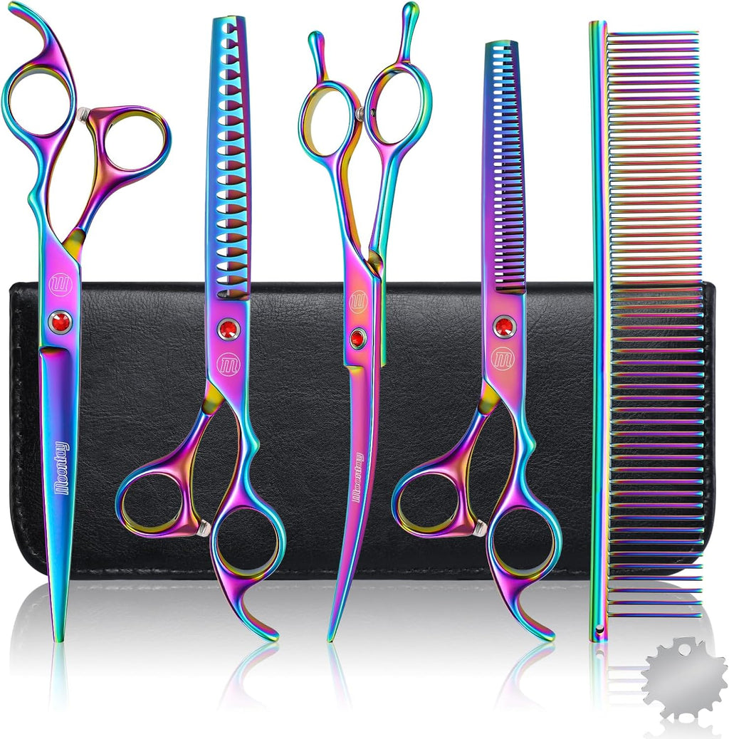 Professional Dog Grooming Scissors Set, 7 Inch/8 Inch Pet Grooming Scissors Chunkers Shears for Dog, Curved Dog Grooming Scissors, Thinning Shears for Dog with Grooming Comb | Pet Grooming Chunkers Shears for Dog, Curved Dog Grooming Scissors, Thinning Shears for Dog with Grooming Comb, Multi-Color